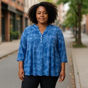 STUDIO WORKS Boho Blue Tie Dye Floral Bohemian Pullover Top ~ Plus Size 1X